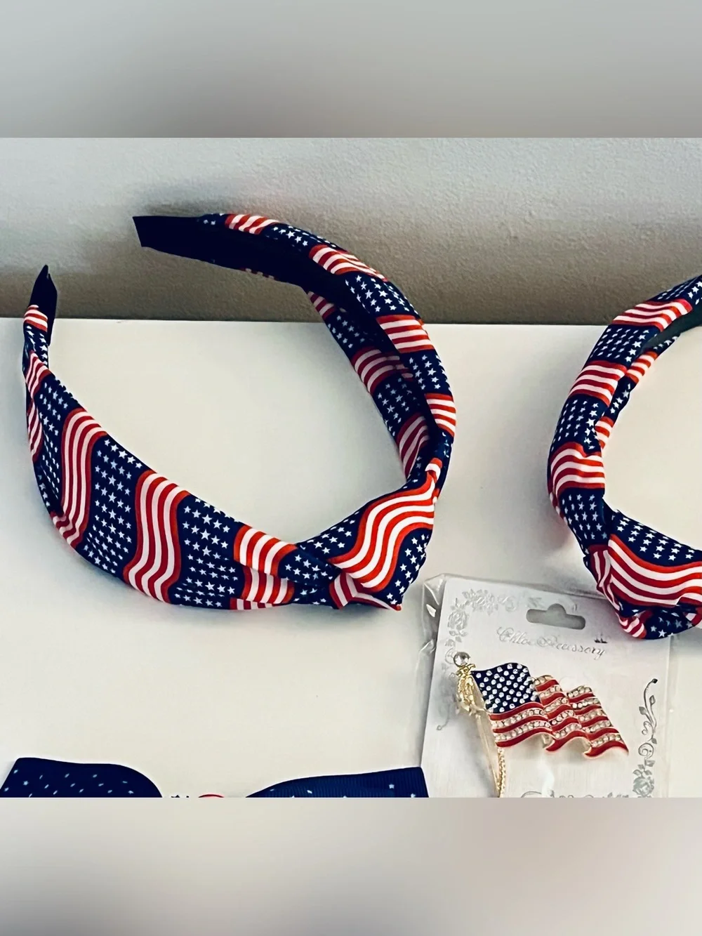 Patriotic  Hair Set with American Flag Bows and Headbands & Flag Brooch!